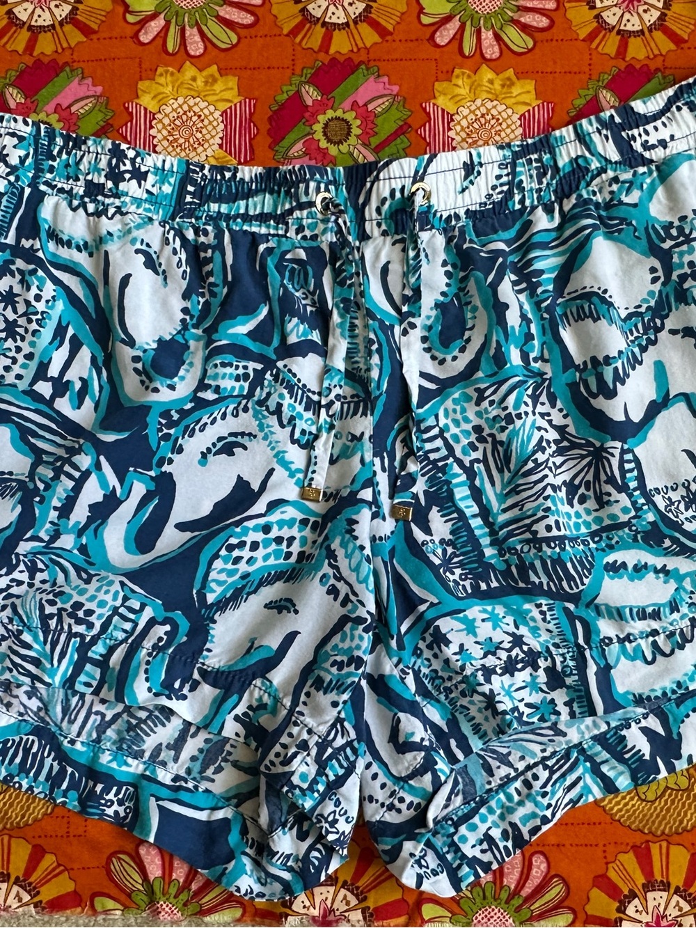 Lilly Pulitzer Teal , Navy & White Printed Elastic-drawstring Waist Shorts - Picture 9 of 11
